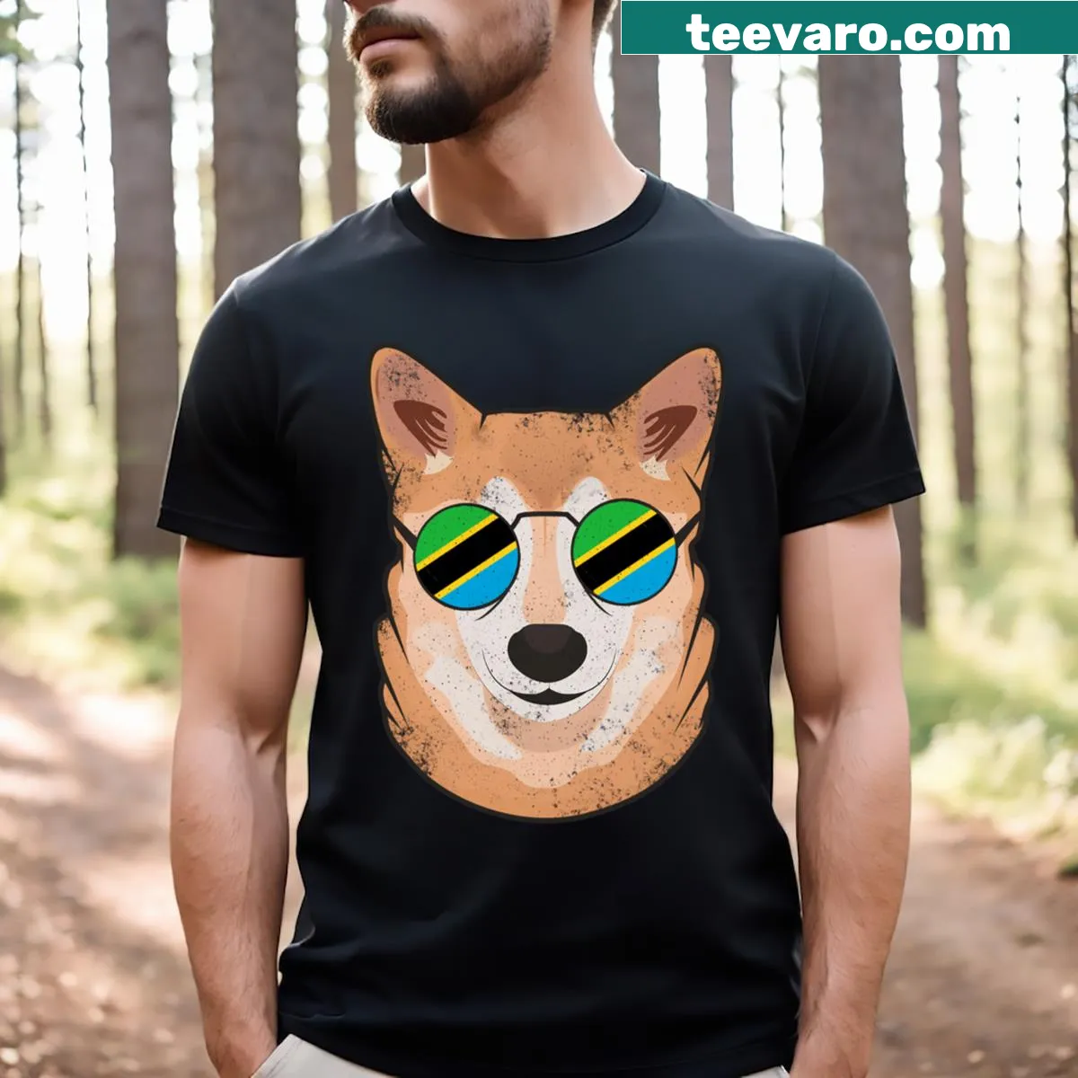 Vintage Shiba Inu with Tanzanian flag illustration on a t-shirt — on a men's t-shirt