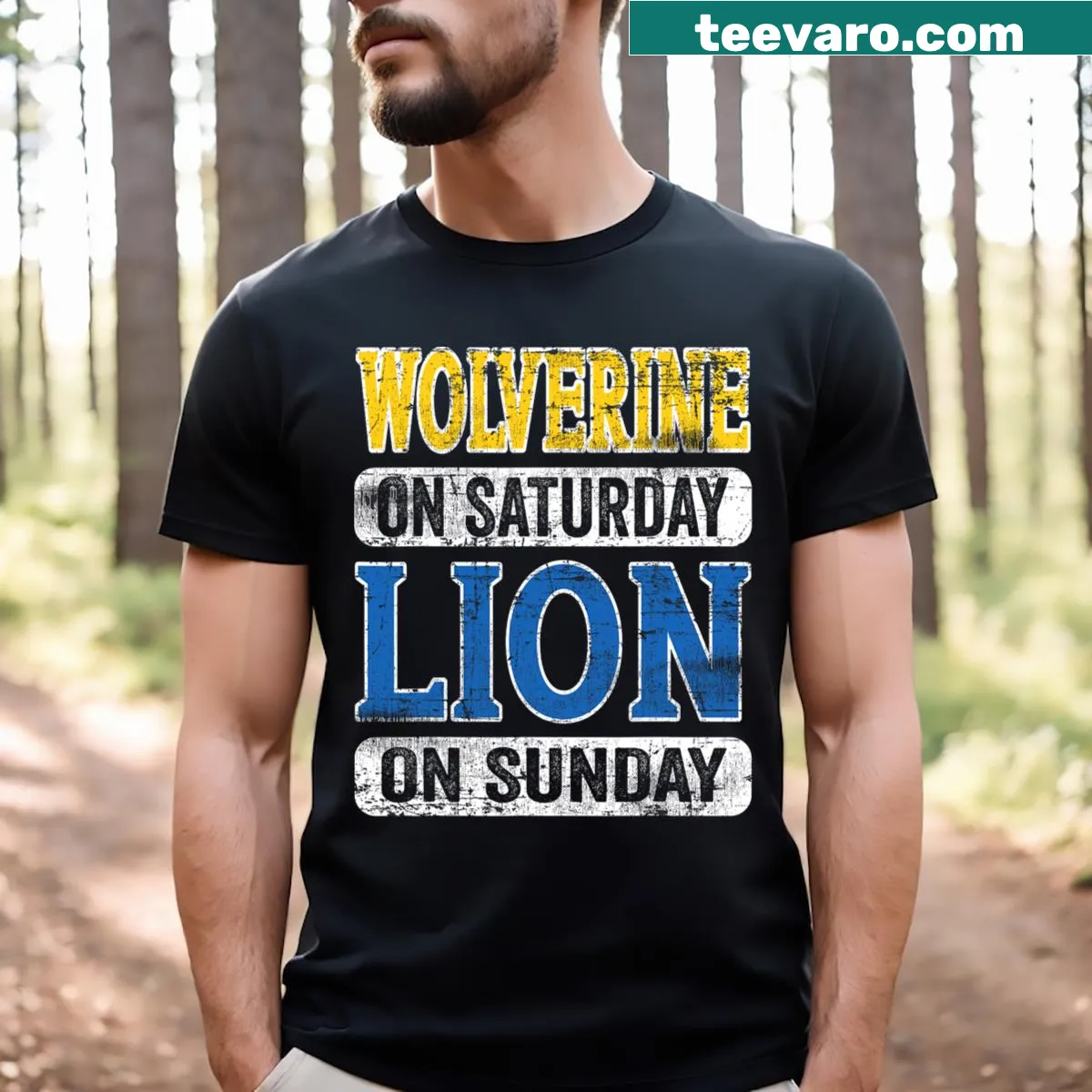 Sporty T-shirt with 'Wolverine On Saturday Lion On Sunday' text — on a men's t-shirt