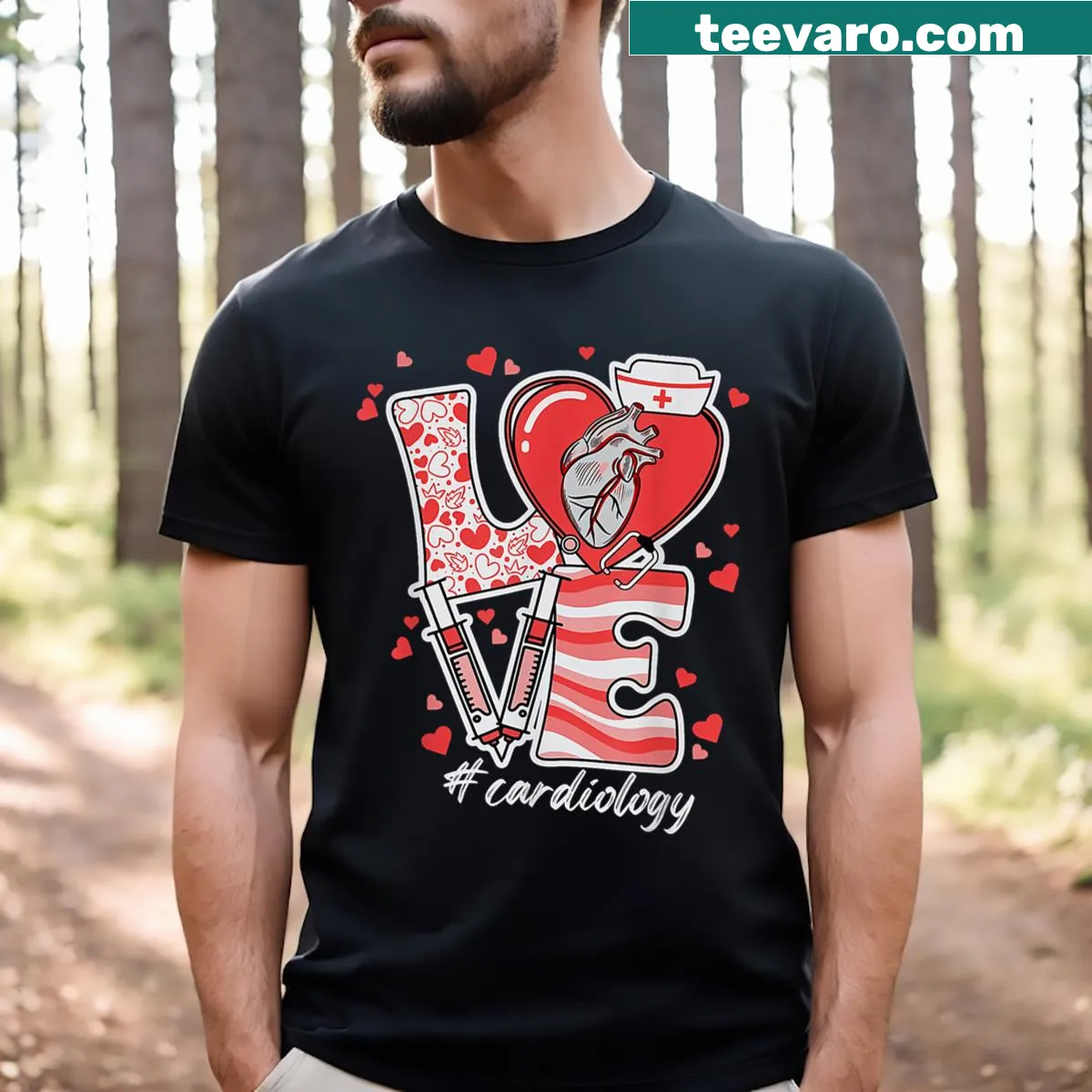 T-shirt for women cardiac nurses with 'Cardiology Valentine' text — on a men's t-shirt