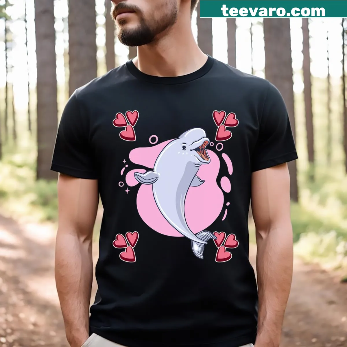 Charming beluga whale illustration with hearts graphic t-shirt — on a men's t-shirt