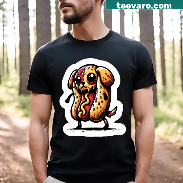 Funny t-shirt featuring a playful zombie dog illustration.