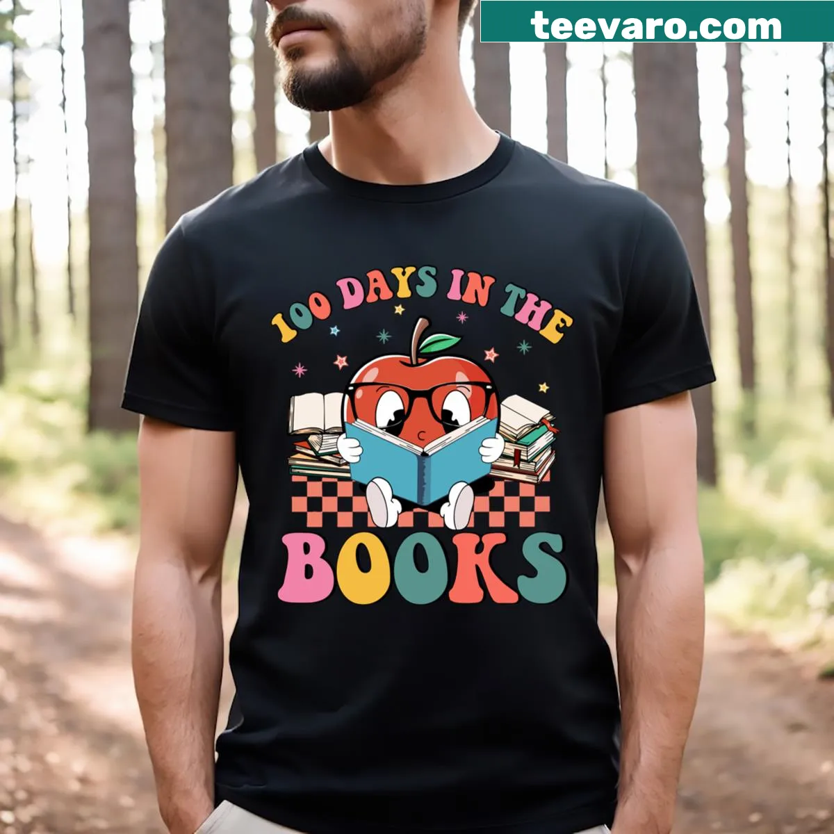 Celebratory t-shirt for the 100th day of school featuring reading themes — on a men's t-shirt