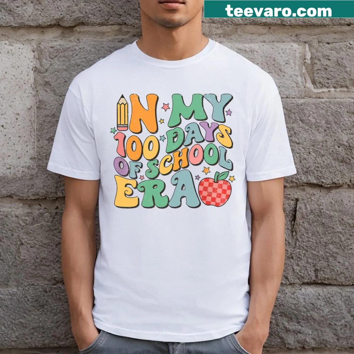Vintage-inspired teacher t-shirt for the 100th day of school — on a men's t-shirt