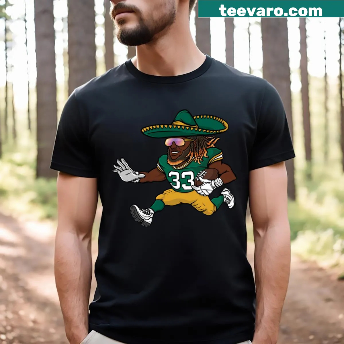 Green Bay Packers T-shirt featuring sombrero graphic and Aaron Jones theme — on a men's t-shirt
