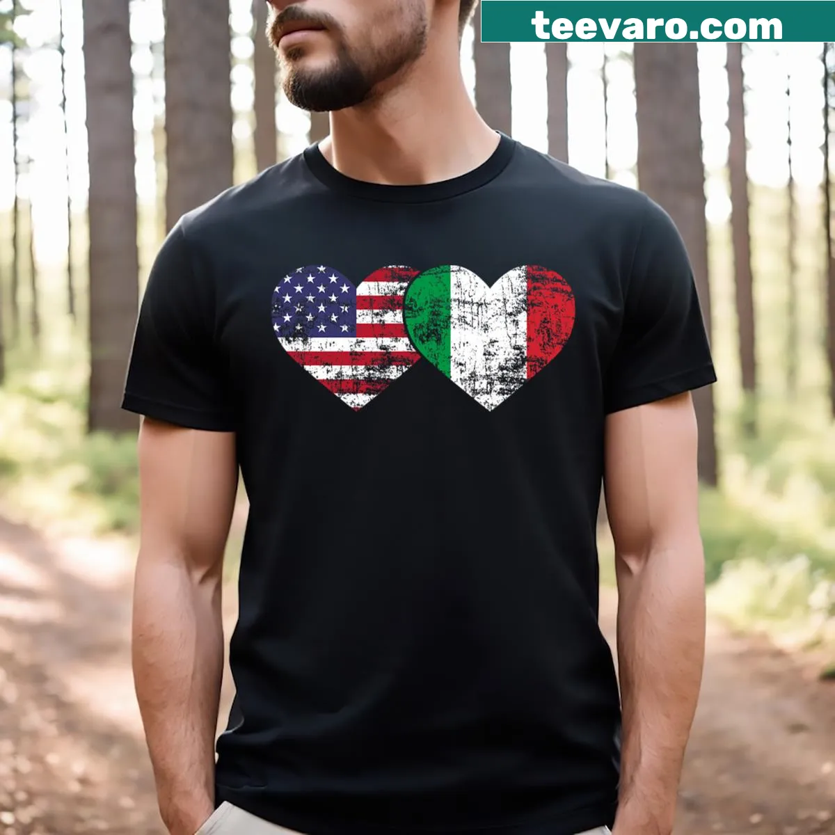 Cute couple t-shirt with American and Italian flags and hearts — on a men's t-shirt