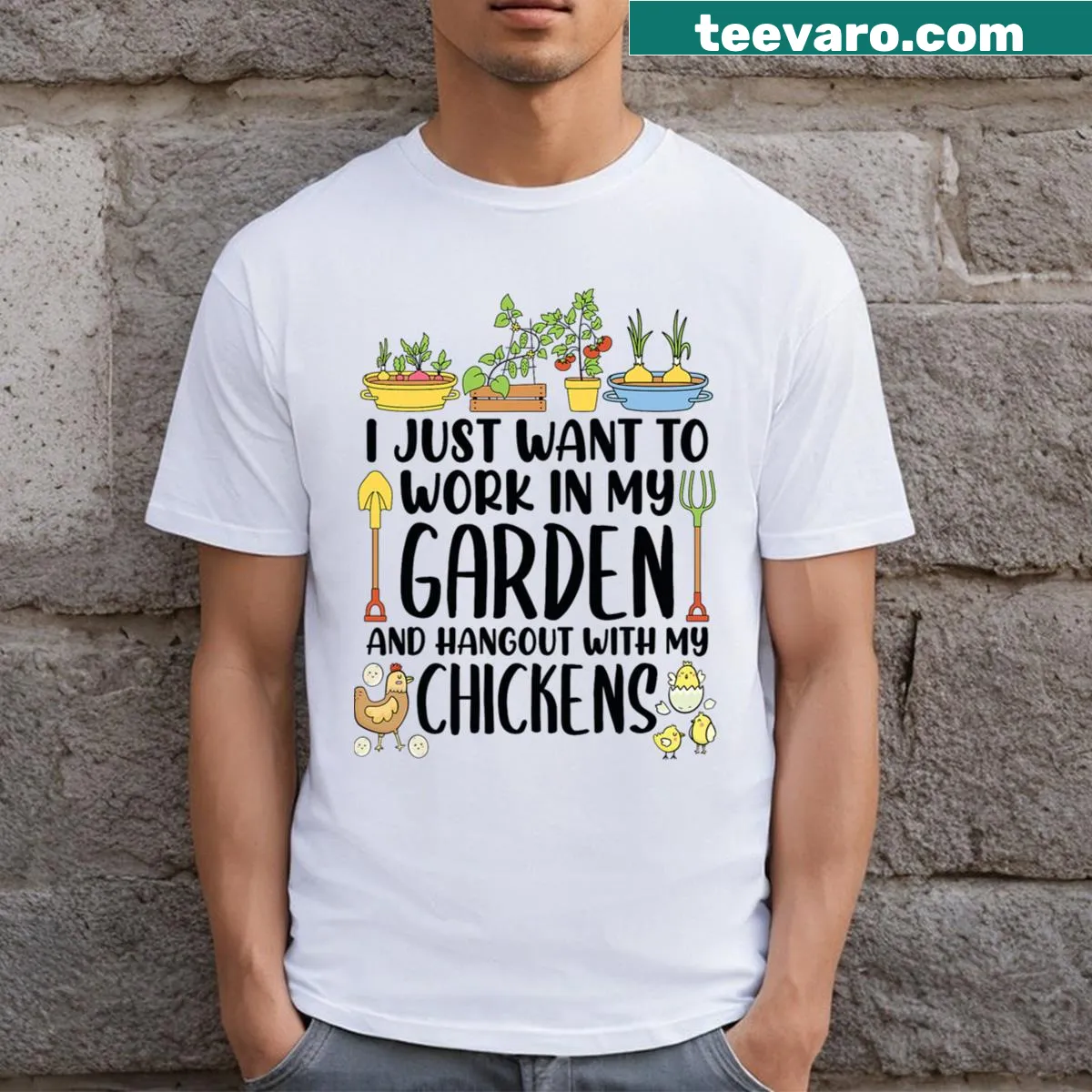 Humorous T-shirt for chicken lovers with gardening theme — on a men's t-shirt