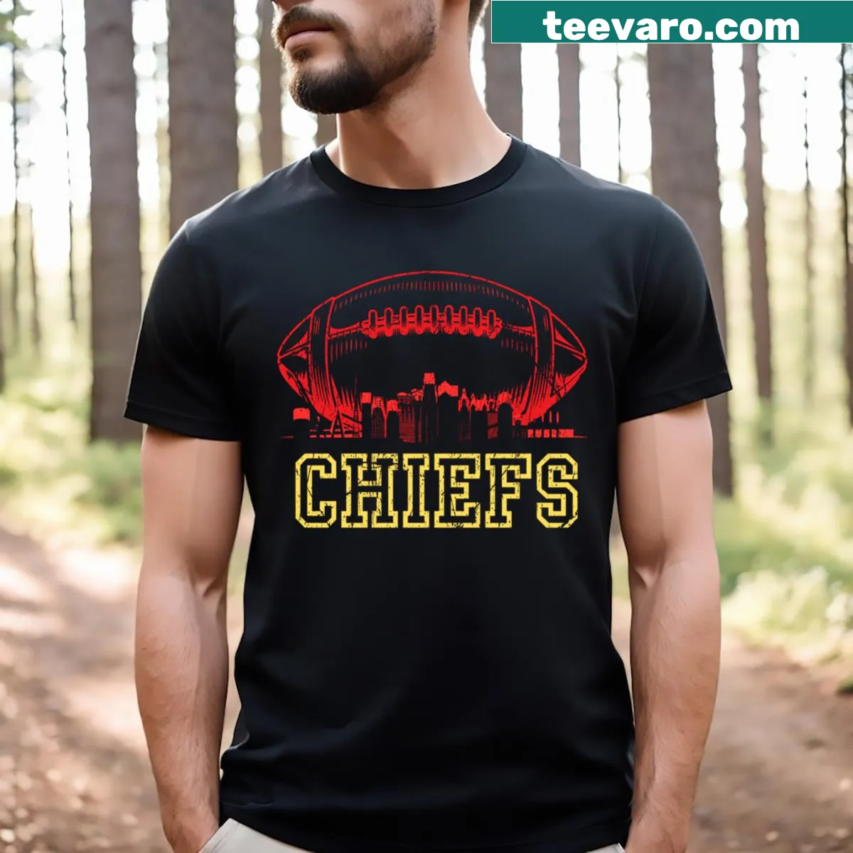 Black T-shirt featuring Kansas City Chiefs logo and name — on a men's t-shirt