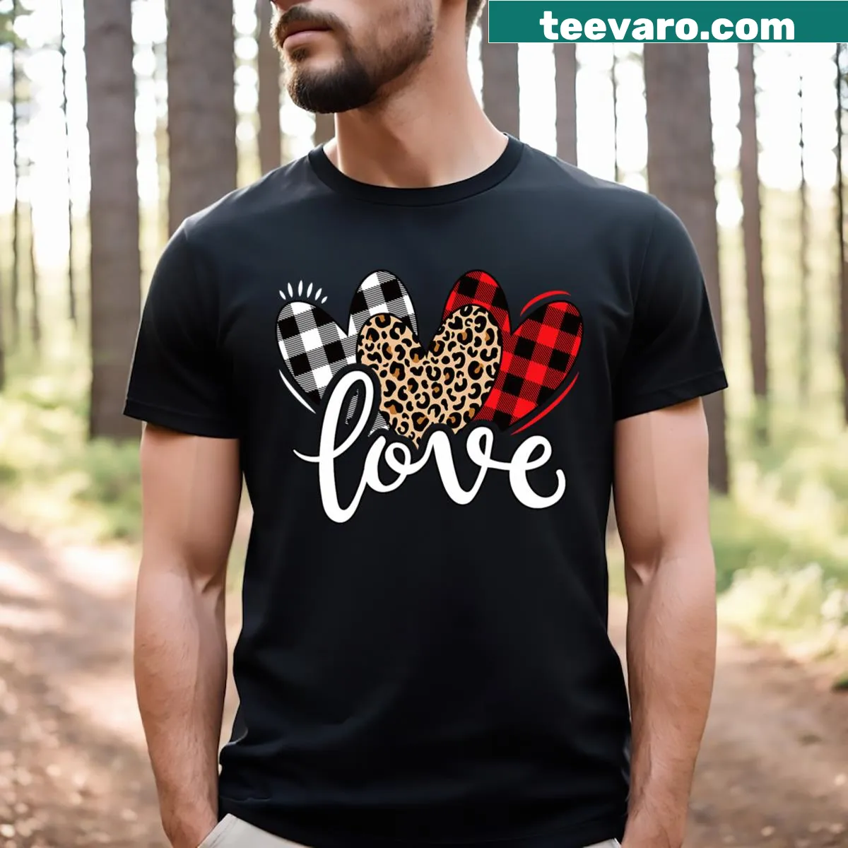 Leopard plaid heart design T-shirt for girls on Valentine's Day — on a men's t-shirt
