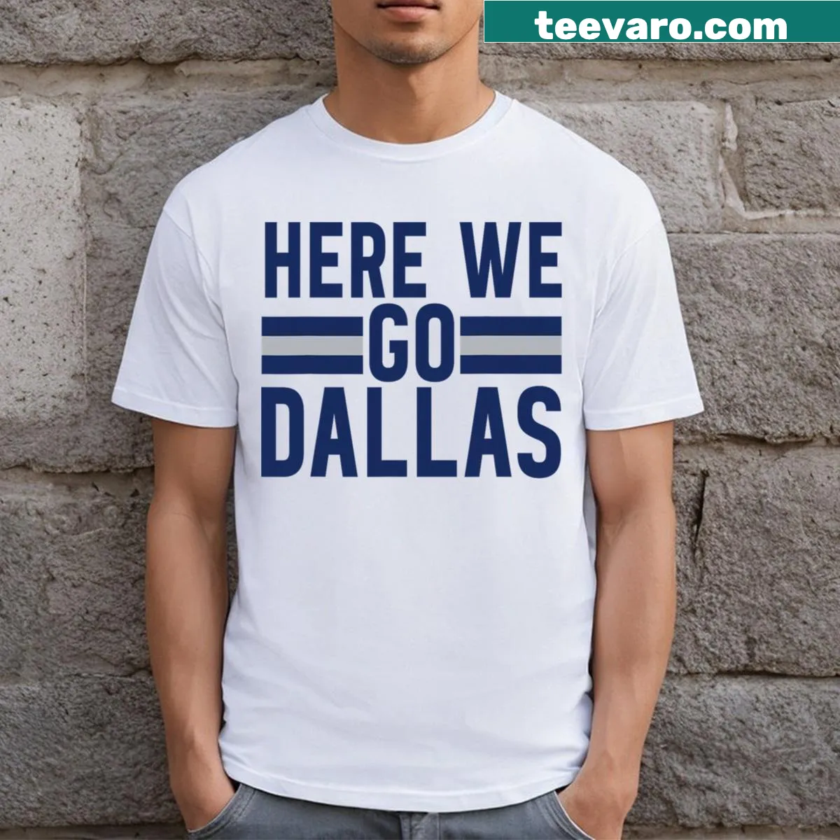 Typographic Dallas Here We Go! t-shirt — on a men's t-shirt