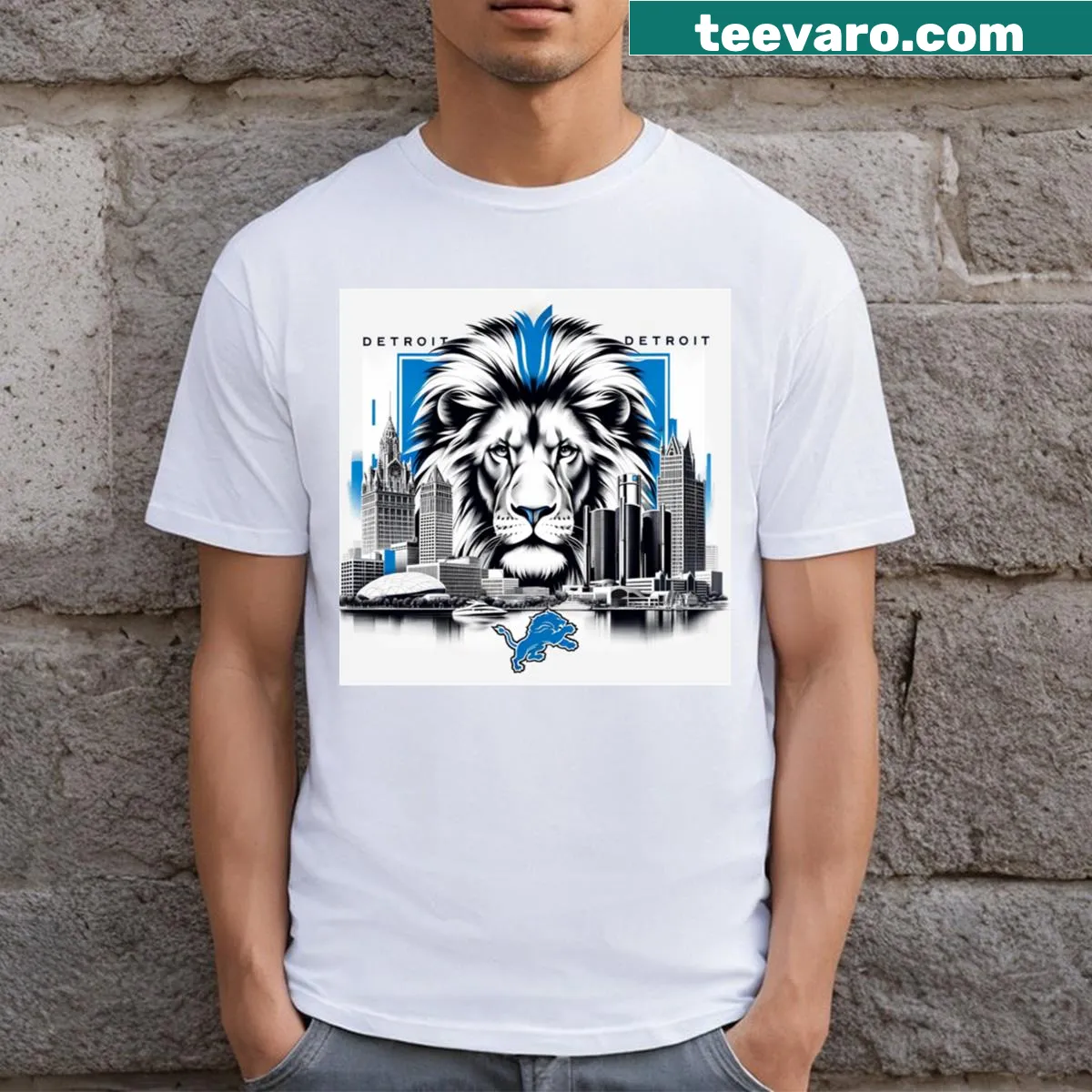 Illustrative Detroit Lions artwork on a fan's t-shirt — on a men's t-shirt