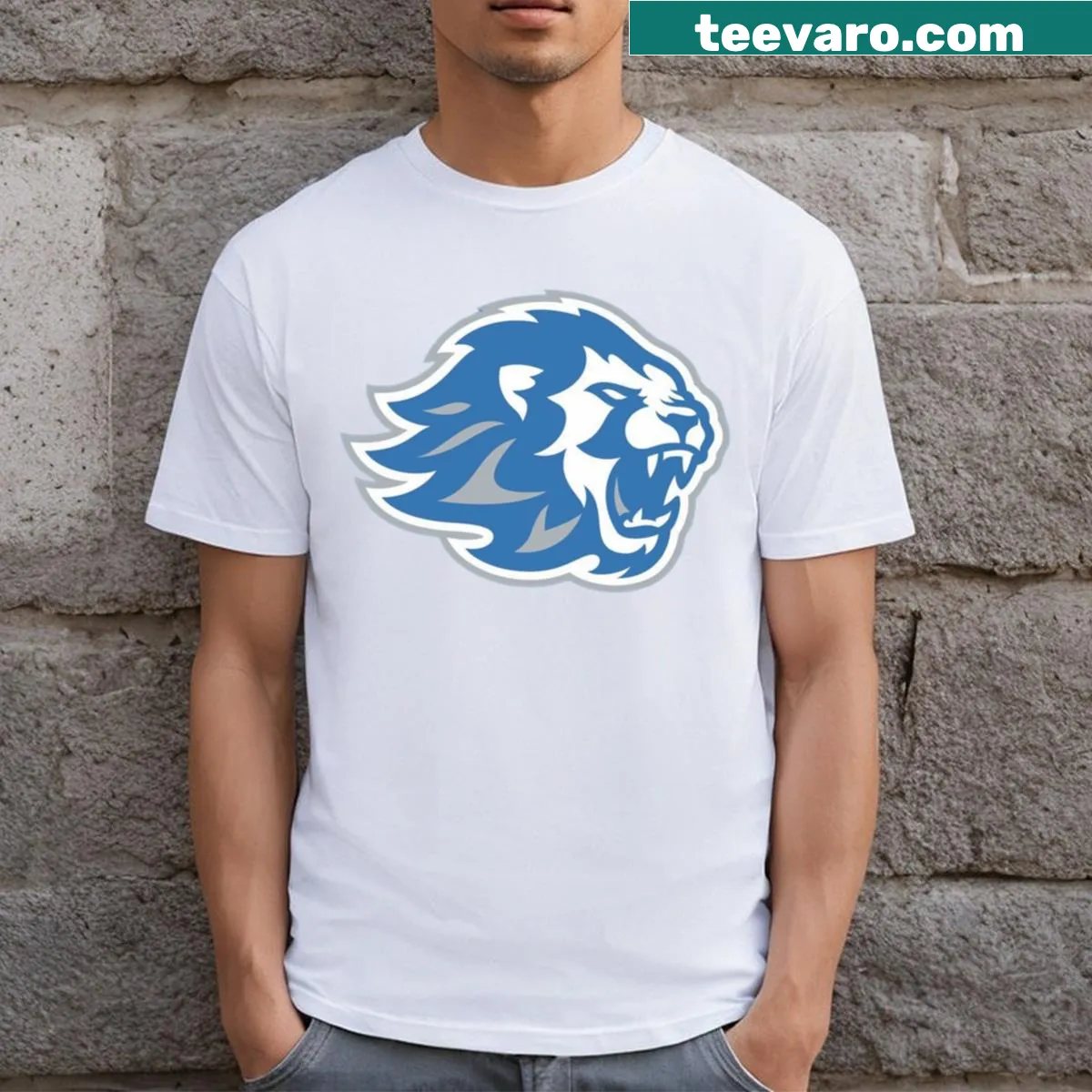 Detroit Lions football t-shirt with team logo and design — on a men's t-shirt