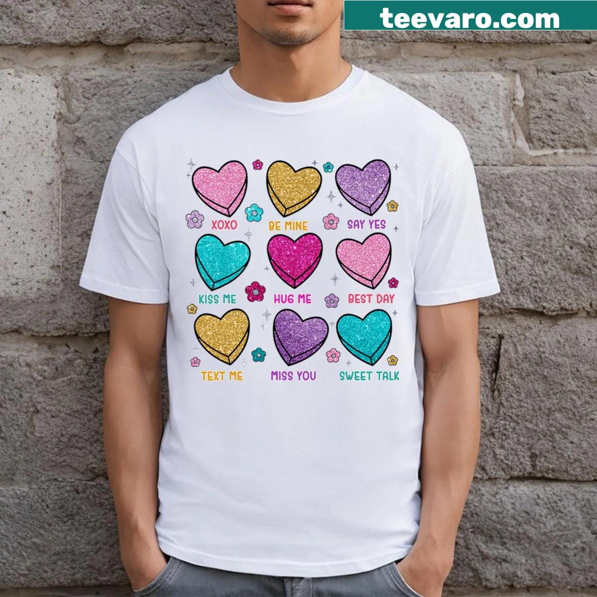 Funny Valentine's Day t-shirt with candy heart messages — on a men's t-shirt