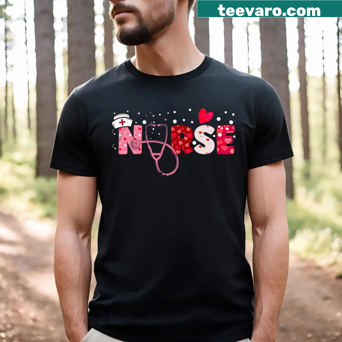 Vintage distressed T-shirt with hearts and stethoscope for nurses — on a men's t-shirt