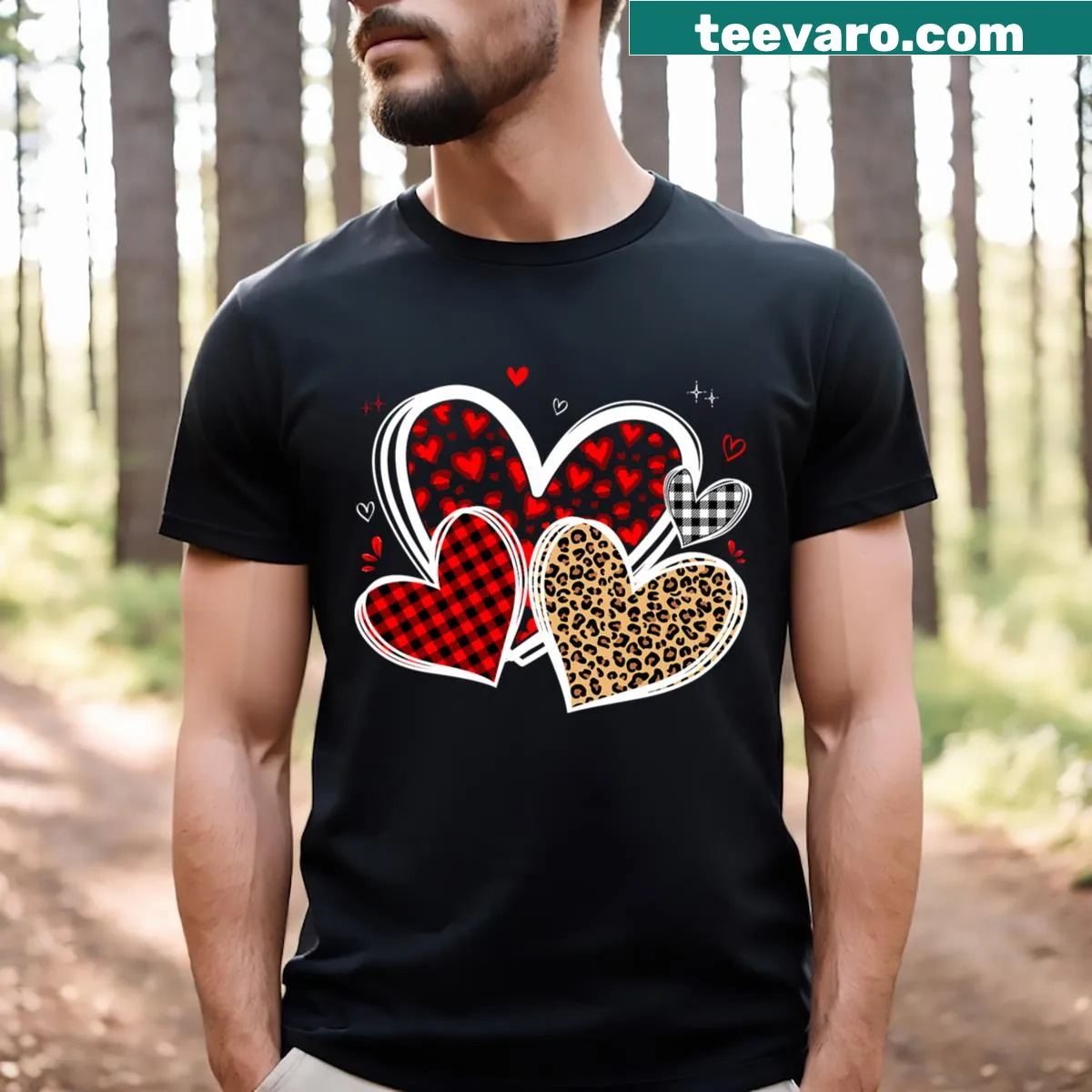 Valentine's Day t-shirt with hearts and leopard print design — on a men's t-shirt