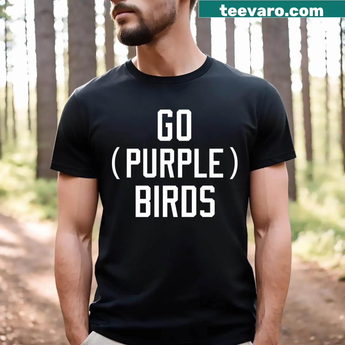 T-shirt with playful illustration of purple birds — on a men's t-shirt