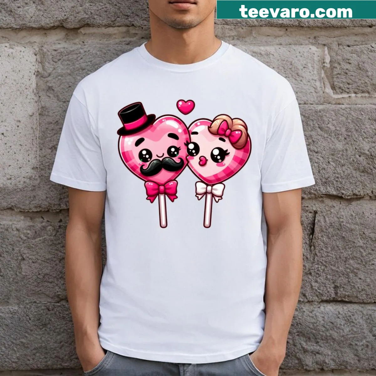 Valentine's Day t-shirt with heart-shaped lollipop graphic — on a men's t-shirt