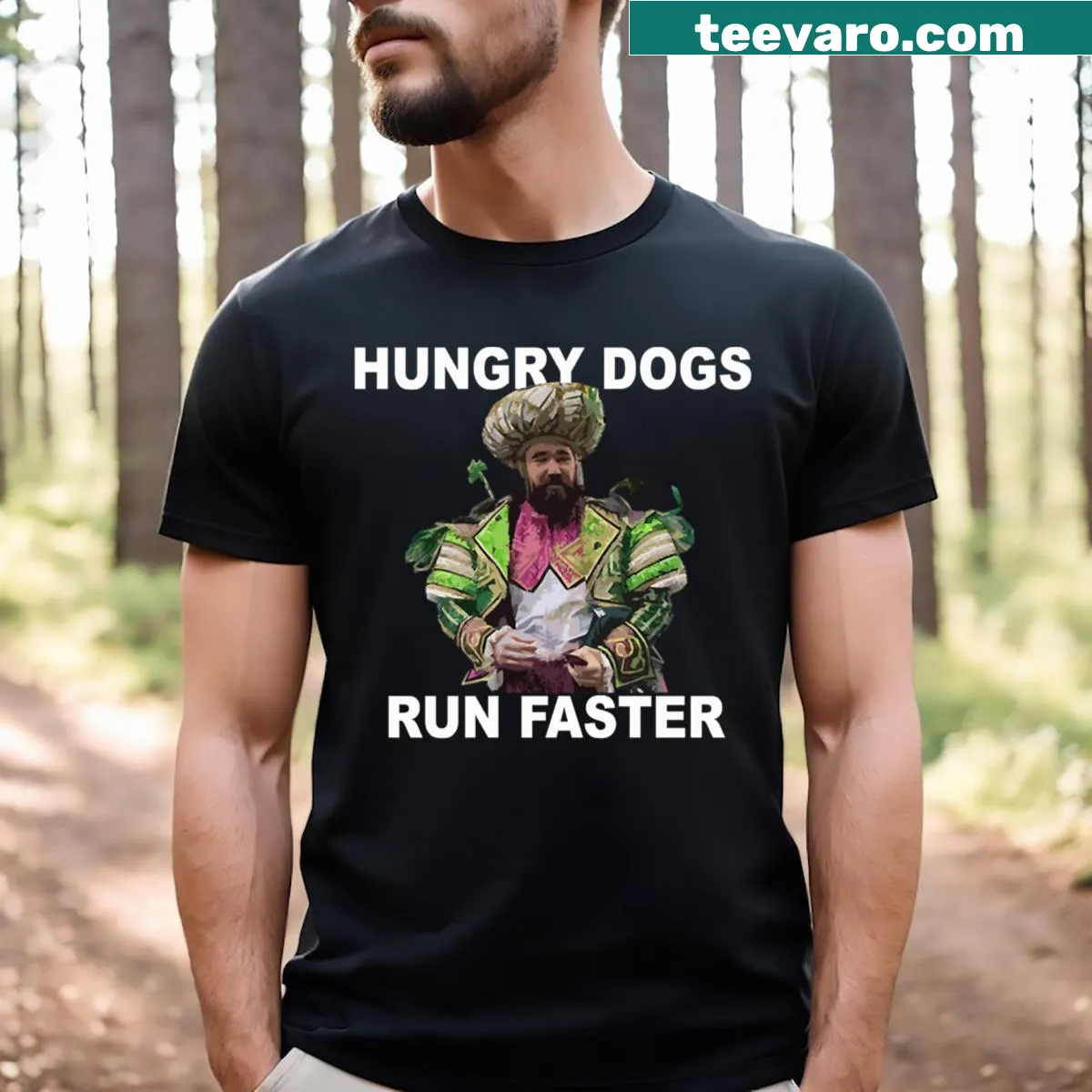 Funny T-shirt featuring 'Hungry Dogs Run Faster' text. — on a men's t-shirt