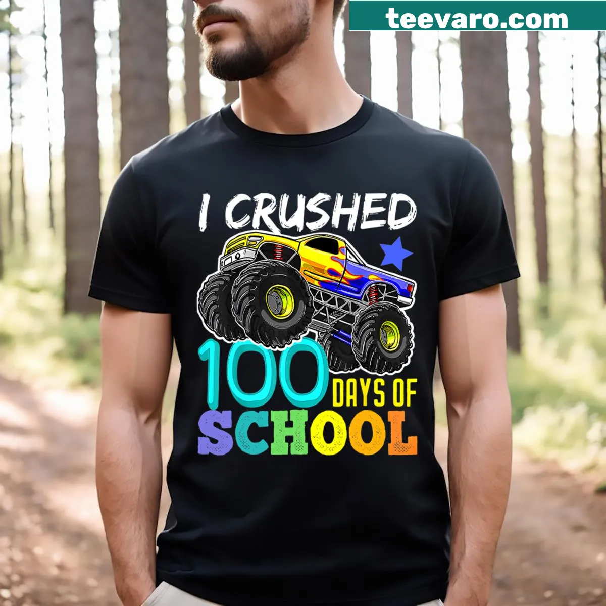 Children's T-shirt featuring a monster truck design for 100 days of school. — on a men's t-shirt