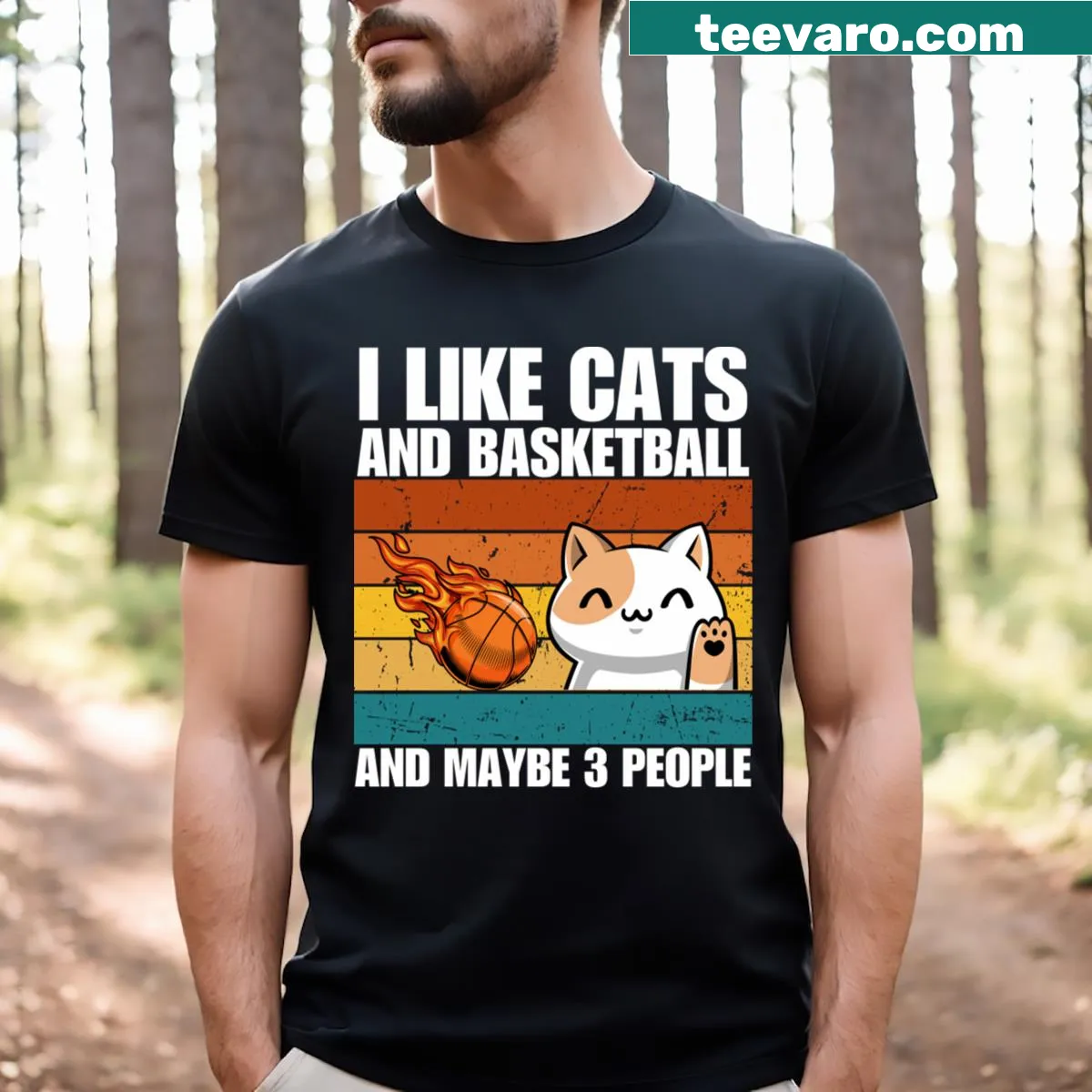 Graphic T-shirt showing love for cats and basketball — on a men's t-shirt