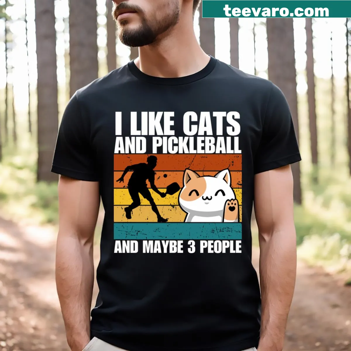 T-shirt featuring text about liking cats, pickleball, and a few people — on a men's t-shirt