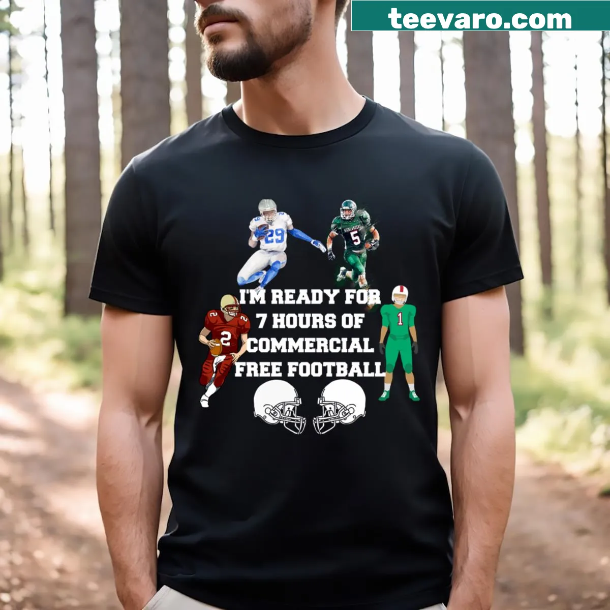 Humorous football-themed T-shirt celebrating commercial-free viewing — on a men's t-shirt