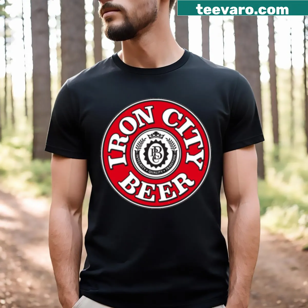 Iron City Beer T-shirt with brewery-themed illustration — on a men's t-shirt