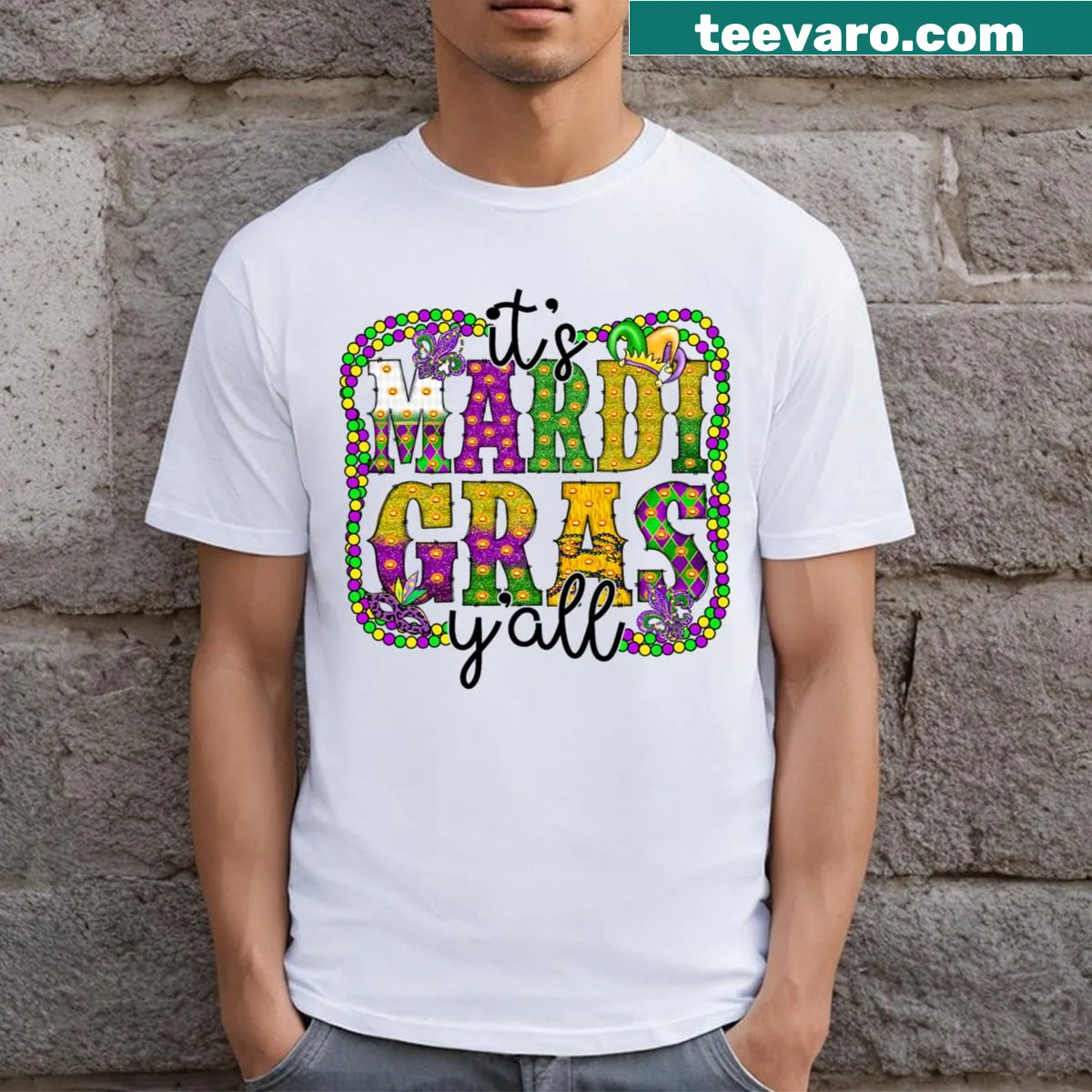 Festive Mardi Gras T-shirt with beads and masks graphic. — on a men's t-shirt