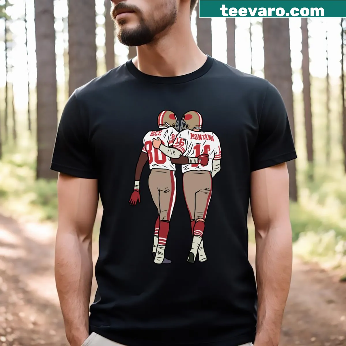 T-shirt featuring names of Jerry Rice and Joe Montana — on a men's t-shirt