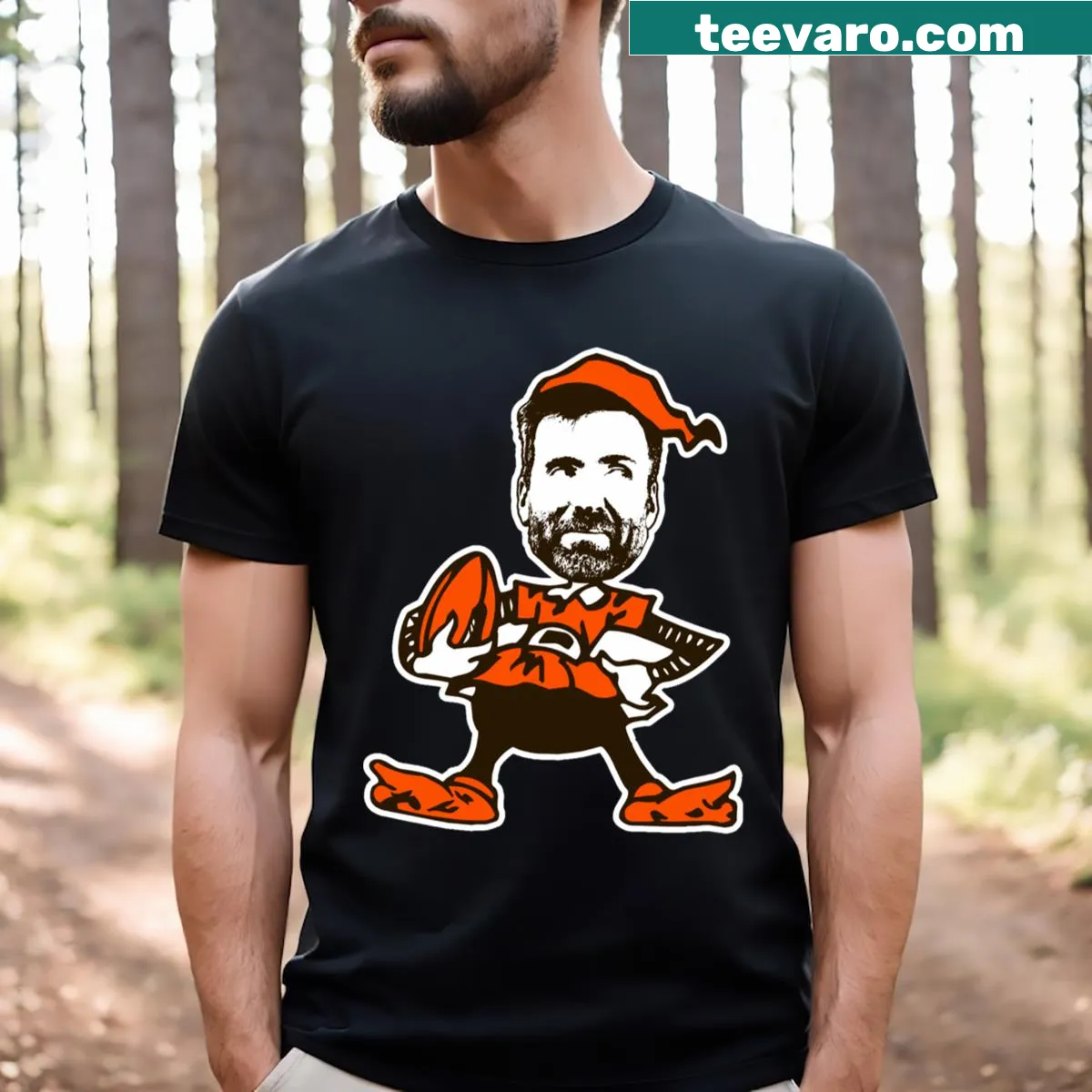 Cartoon T-shirt of Joe Flacco as a Browns elf — on a men's t-shirt