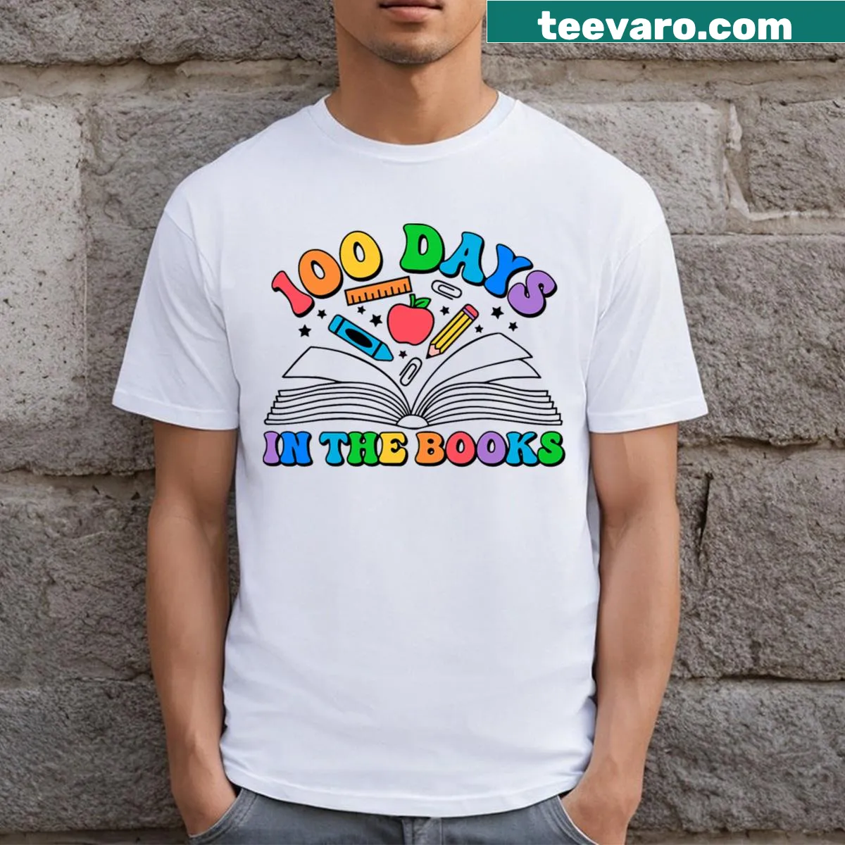 Kids T-shirt celebrating 100th day of school with cheerful lettering — on a men's t-shirt