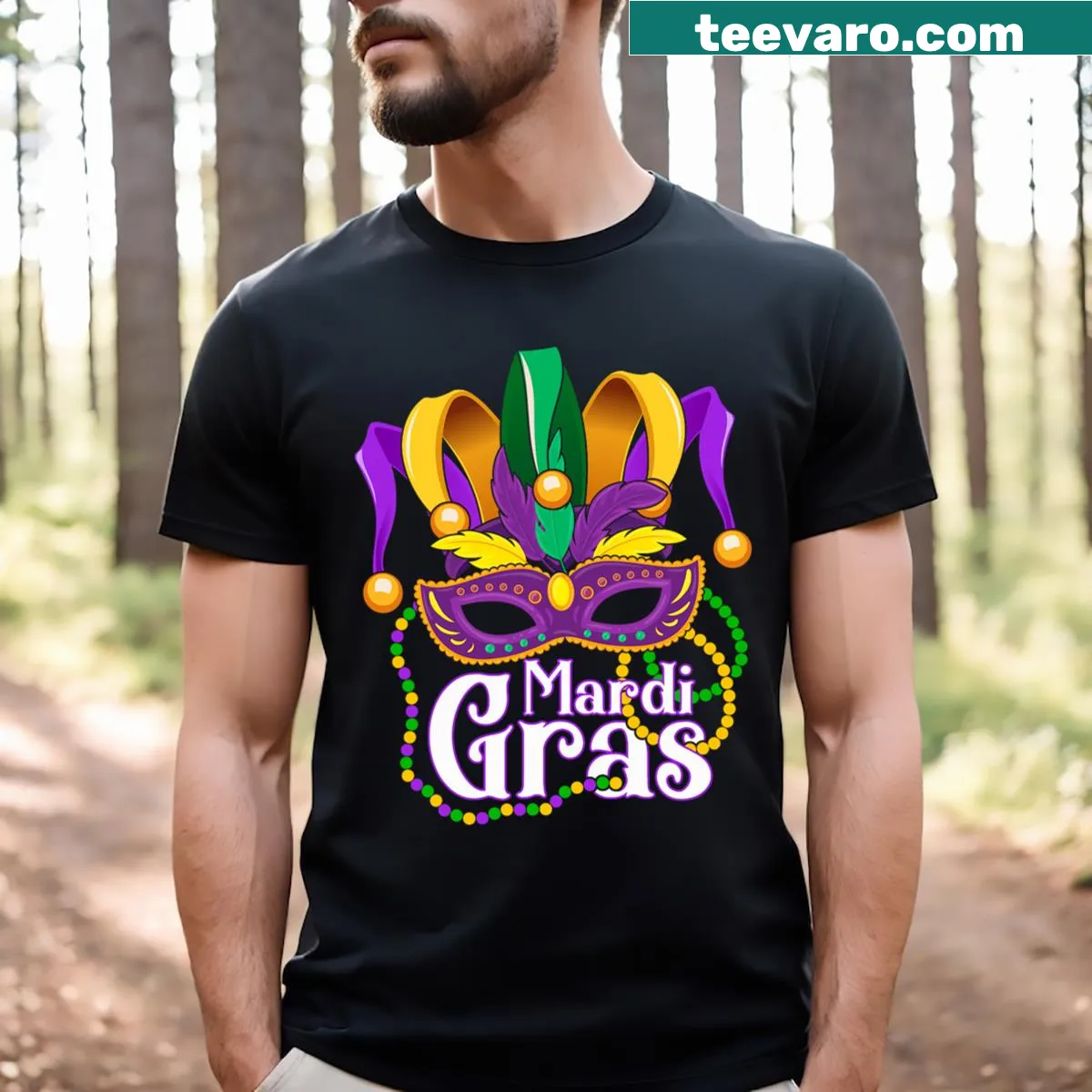 Mardi Gras kids T-shirt with beads, mask, and feathers design — on a men's t-shirt