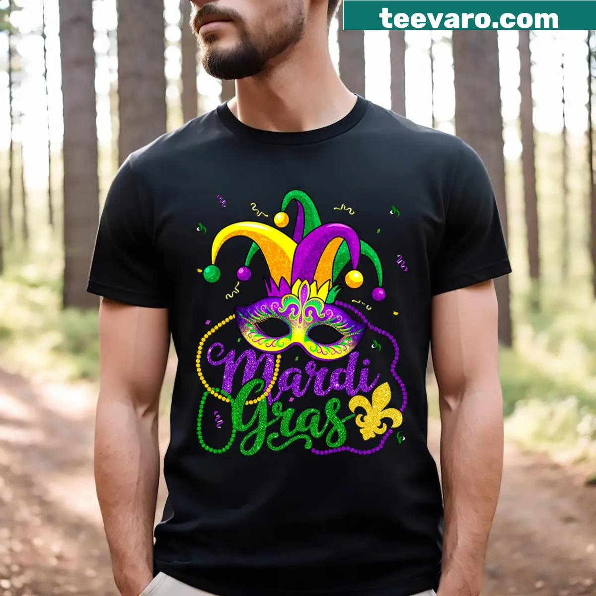 Mardi Gras themed T-shirt for kids with mask, beads, and feathers — on a men's t-shirt