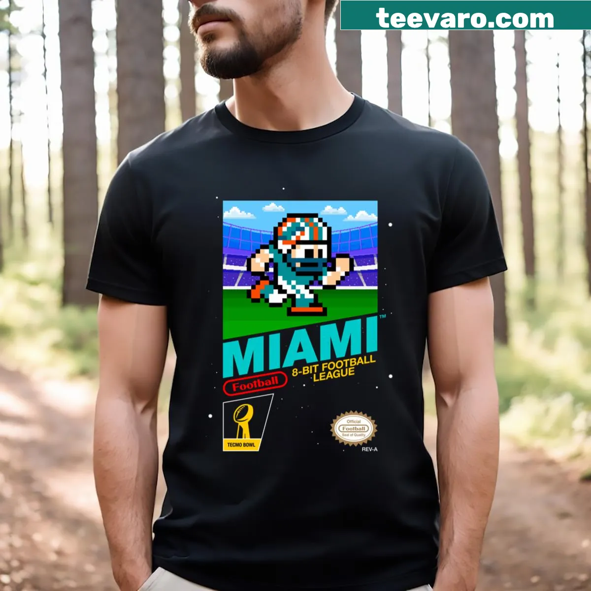 8-bit video game cartridge style Miami Dolphins T-shirt — on a men's t-shirt