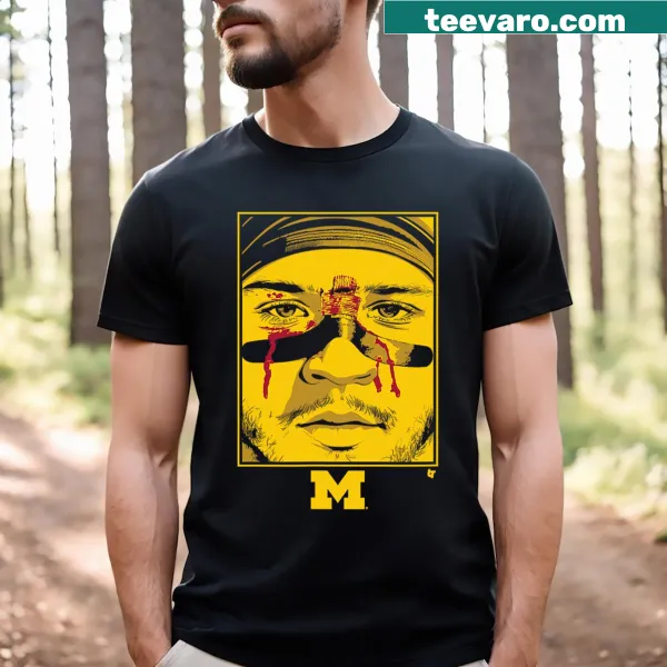 Illustration of Blake Corum's game face on a Michigan football t-shirt