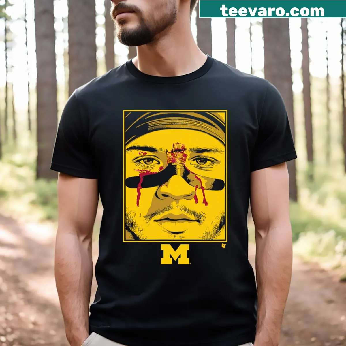 Illustration of Blake Corum's game face on a Michigan football t-shirt — on a men's t-shirt