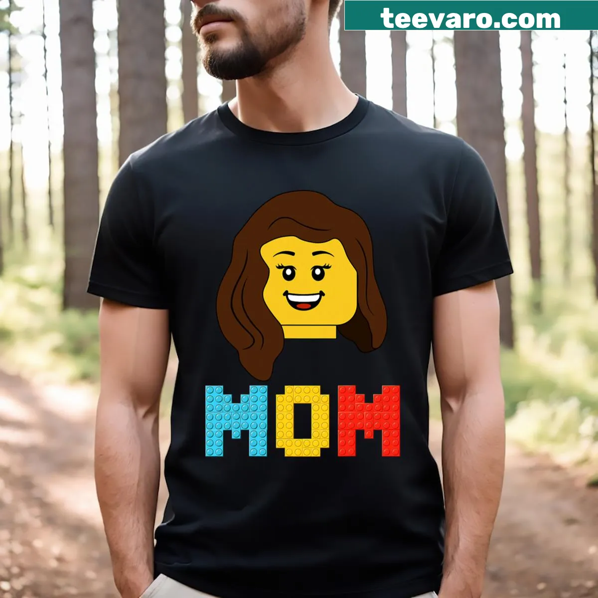 Illustrative t-shirt for moms featuring 'Mom Master Builder' and building blocks — on a men's t-shirt