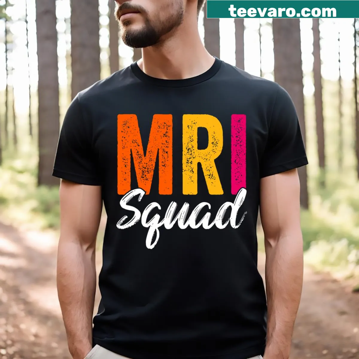 MRI Squad Radiology t-shirt for MRI technologists with bold text — on a men's t-shirt