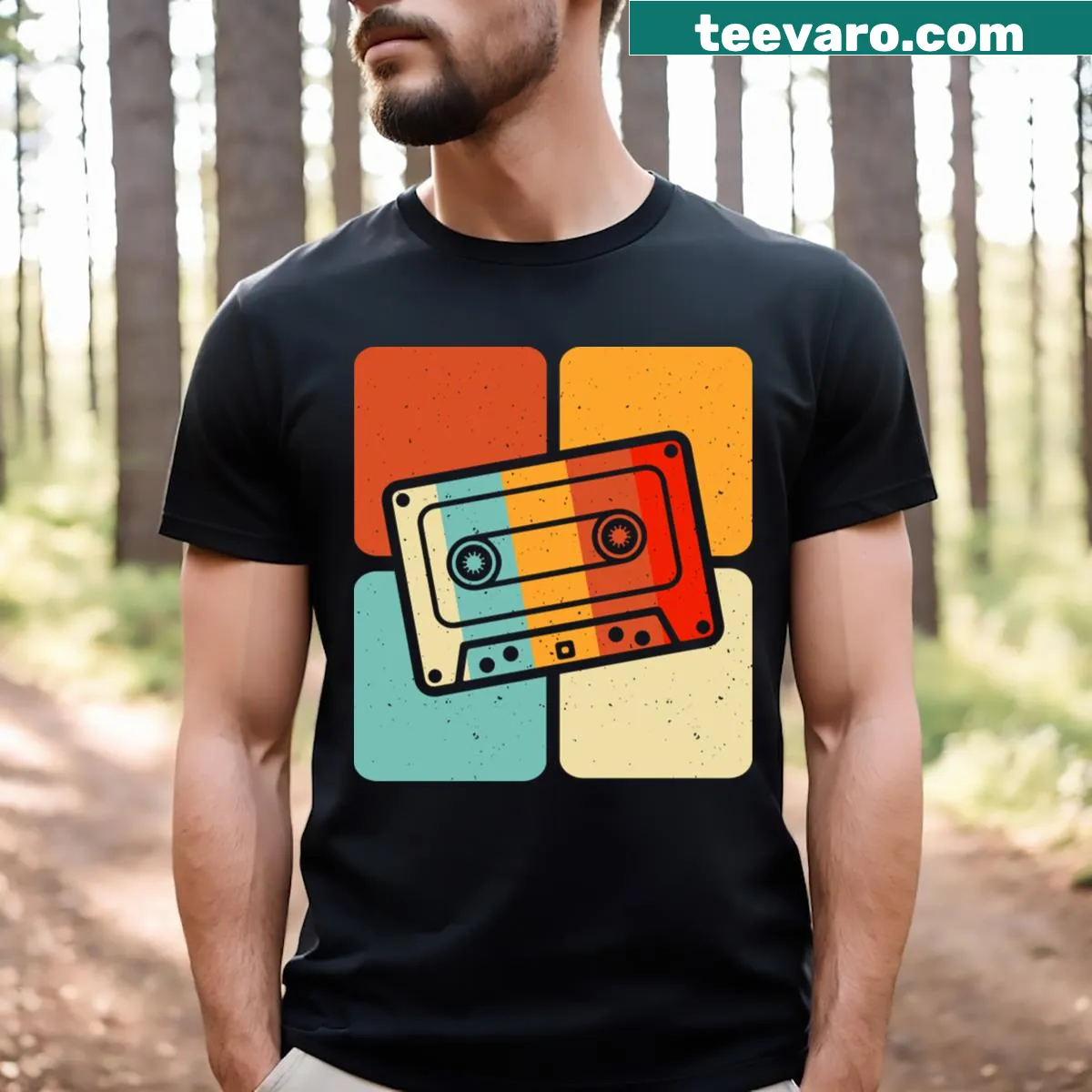 Retro music mixtape t-shirt featuring cassette tape graphic — on a men's t-shirt