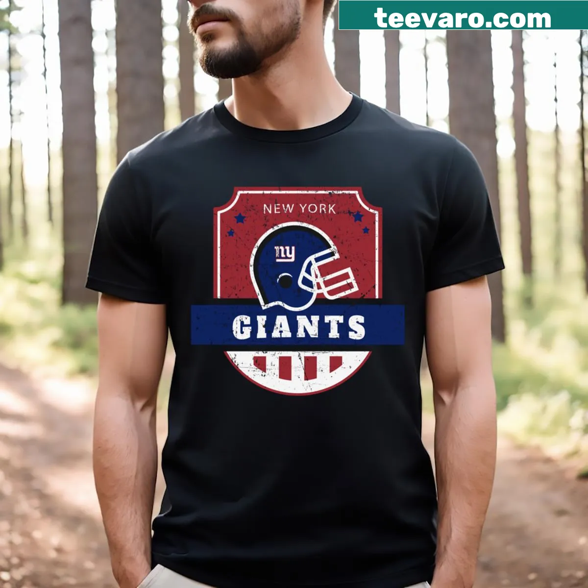 New York Giants NY Football T-shirt featuring team logo — on a men's t-shirt