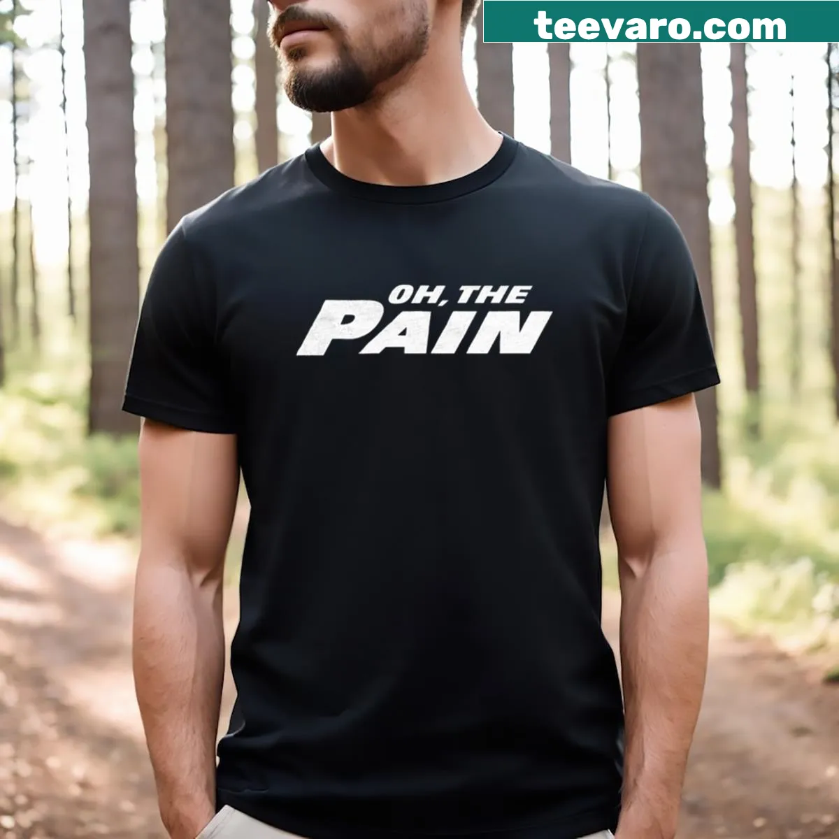 Funny Jets t-shirt with 'Oh The Pain' text — on a men's t-shirt