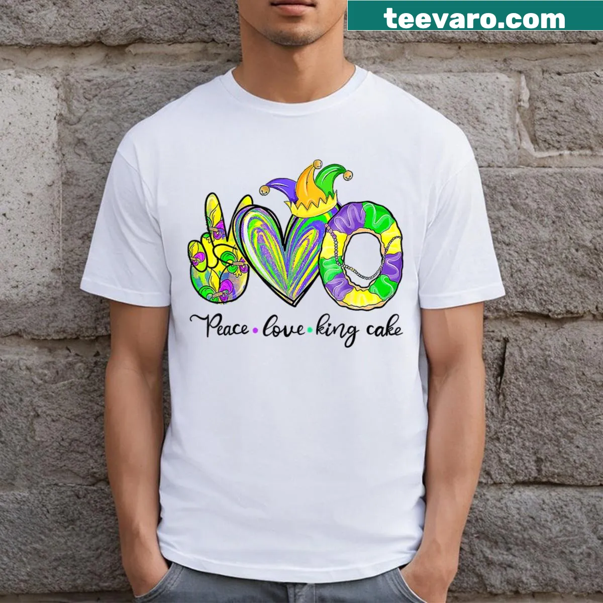 Mardi Gras T-shirt with 'Peace Love King Cake' text and illustrations — on a men's t-shirt