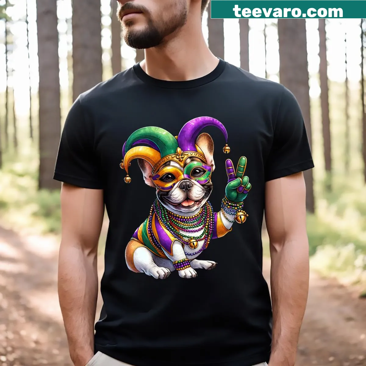 Peace sign with hand and French bulldog illustration T-shirt — on a men's t-shirt