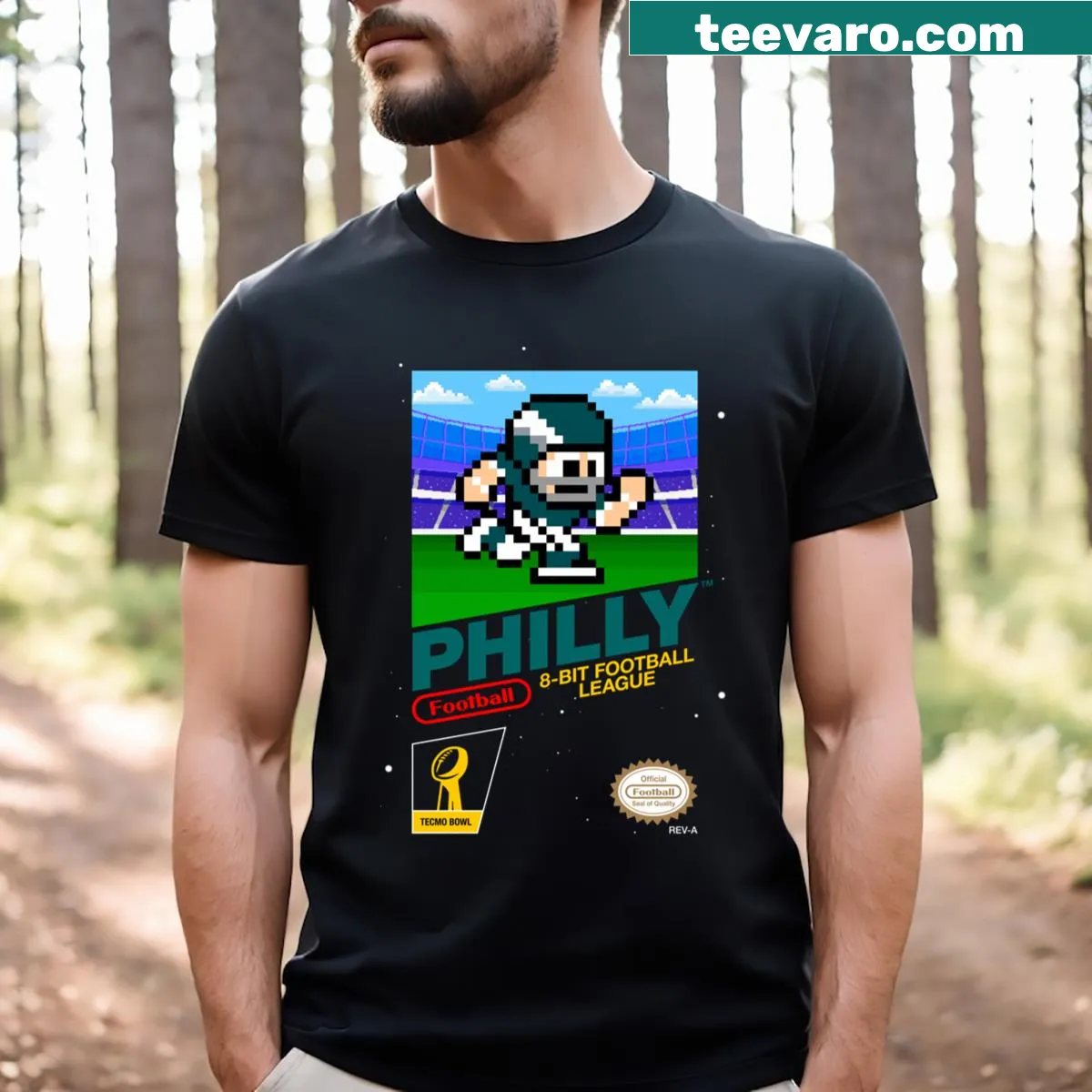 Philadelphia Eagles graphic in 8-bit videogame style on t-shirt — on a men's t-shirt