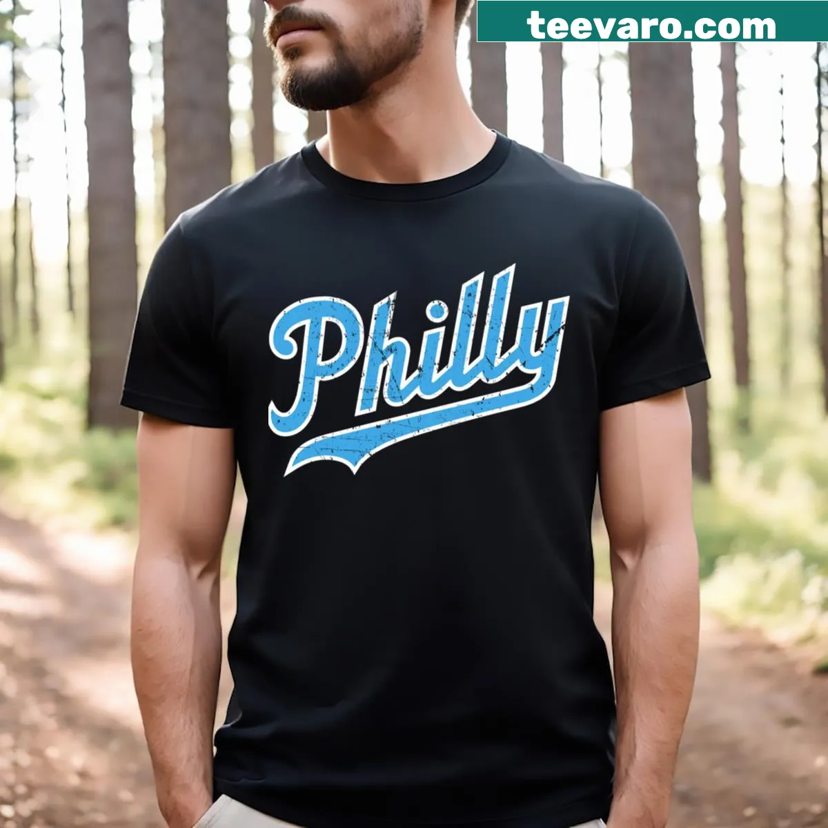 Philly script graphic T-shirt — on a men's t-shirt