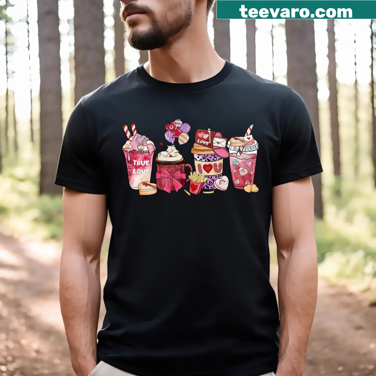 Illustrated iced coffee latte with candy hearts for Valentine's Day — on a men's t-shirt