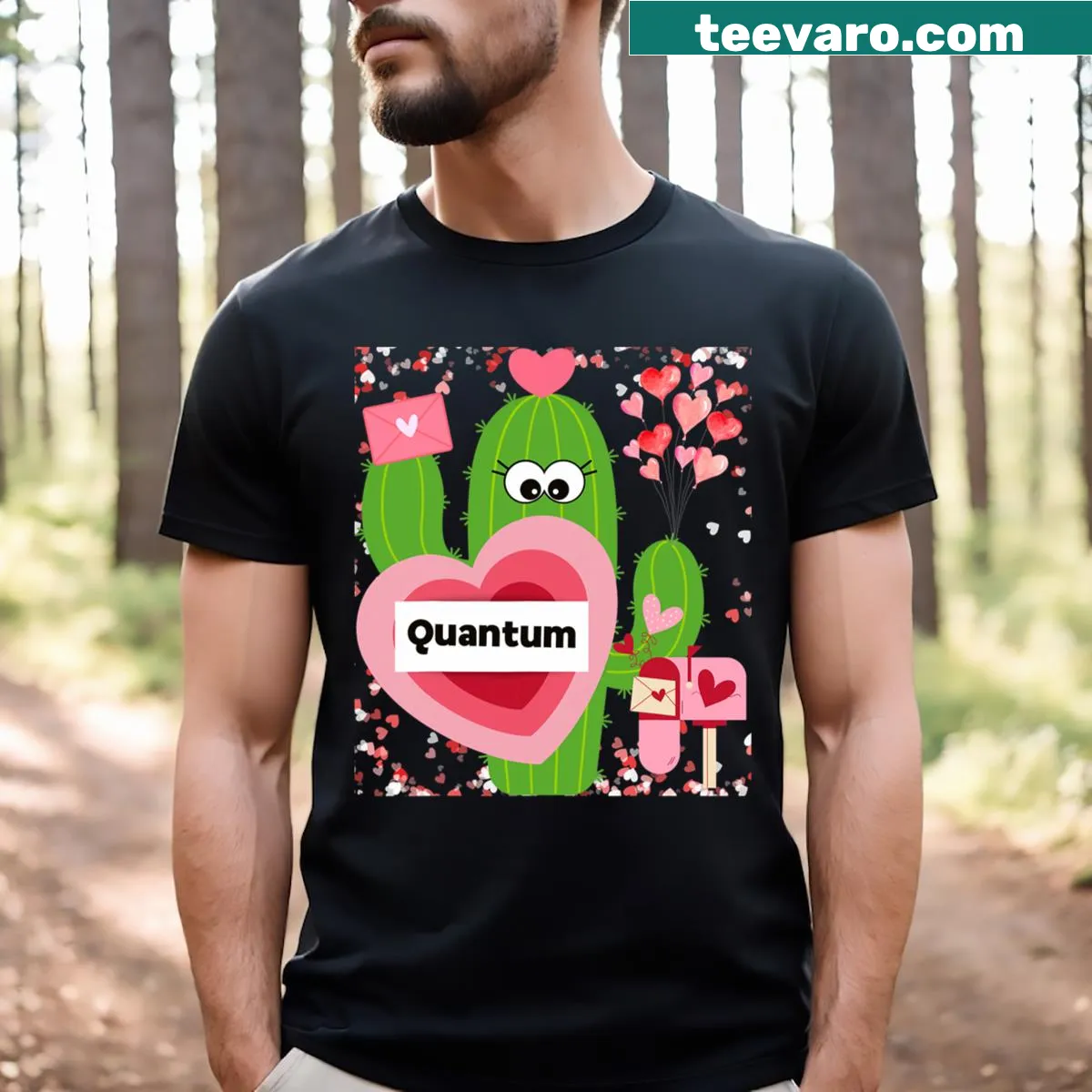 Playful design merging quantum physics and love — on a men's t-shirt