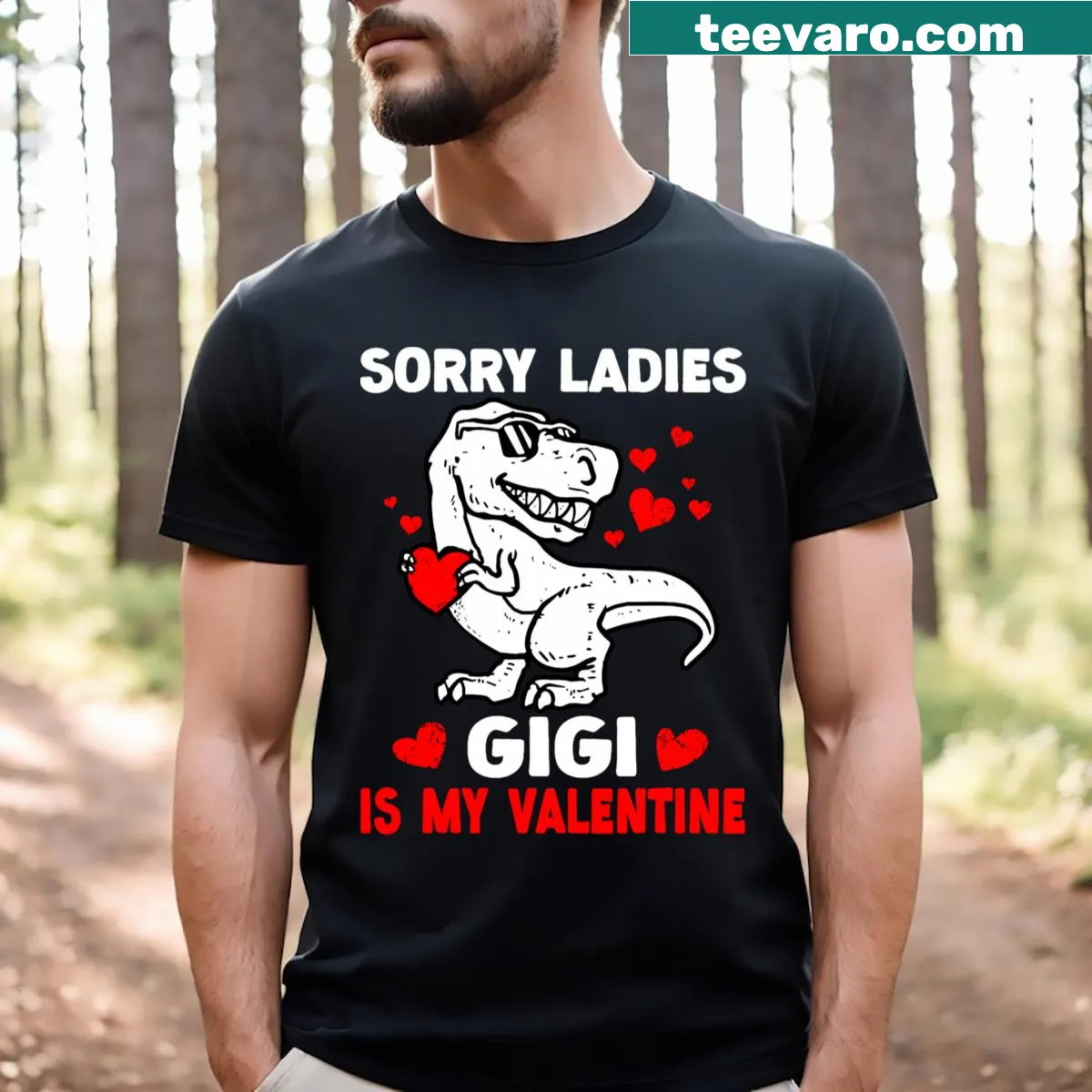 Cute dinosaur-themed 'Gigi Is My Valentine' t-shirt for boys — on a men's t-shirt