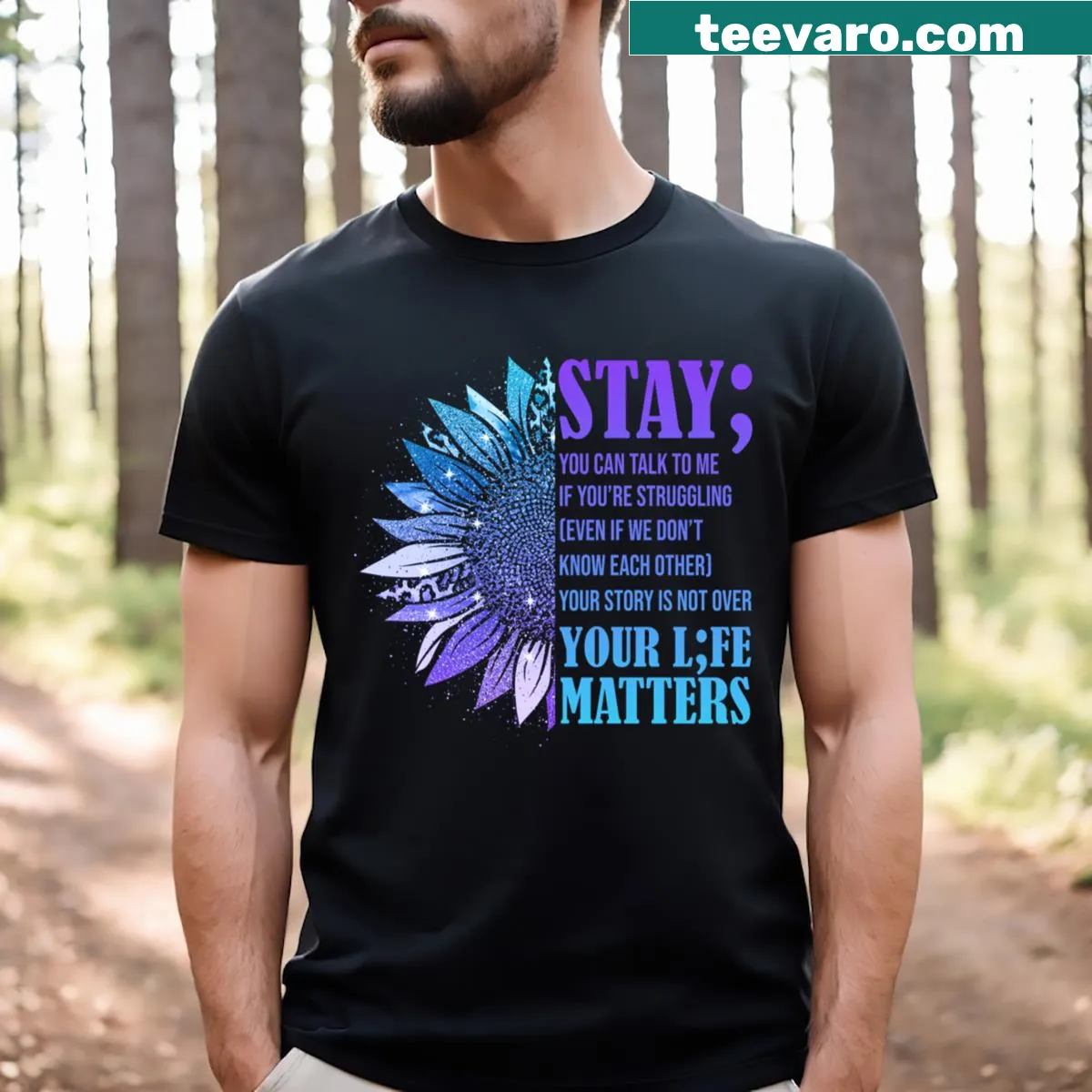 Awareness T-shirt promoting suicide prevention and support — on a men's t-shirt