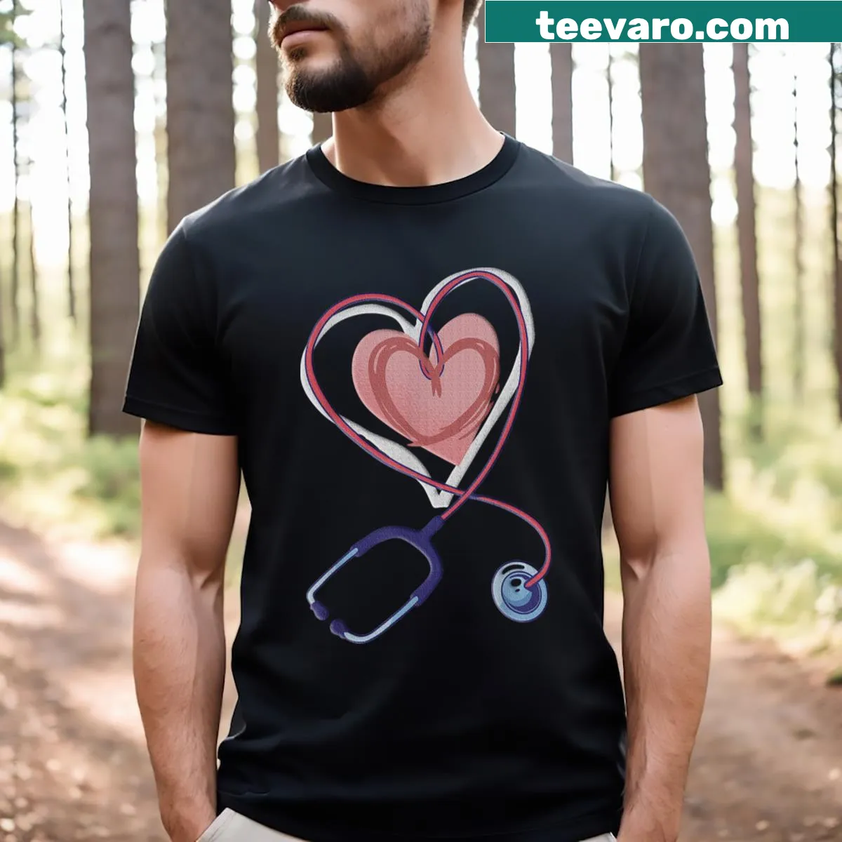 Heart-shaped stethoscope graphic T-shirt for healthcare workers — on a men's t-shirt