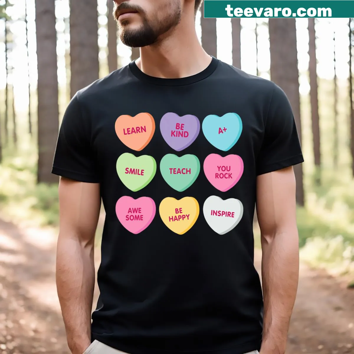 Candy heart design on a Valentine's Day Teacher T-shirt — on a men's t-shirt